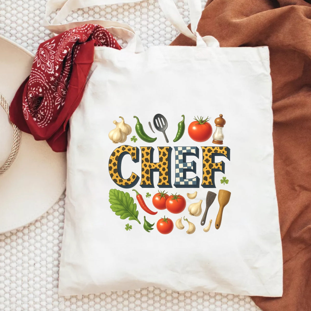 DTF Heat Transfer Iron On Sticker , Vibrant Chef, Garlic, Chili Peppers and Kitchen Tools , Wholesome Kitchen Aesthetic Sticker for Home Decor, Cooking Enthusiast Apparel and Tote Bags