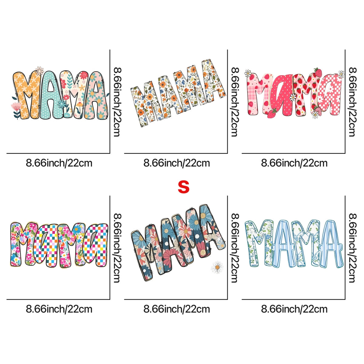 6 PCS Set DTF Heat Transfer Iron On Sticker - Floral, Checkered, Striped & Strawberry Mama Letters - Custom Mothers Day Gift for T-Shirts, Tote Bags, Hats DIY Decoration