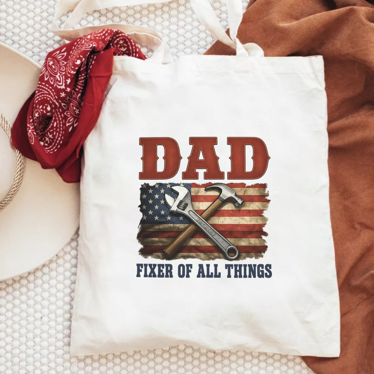 DTF Heat Transfer Iron On Sticker , American Flag Hammer & Wrench Decal , Vintage "DAD" with "FIXER OF ALL THINGS" Slogan , Patriotic Father's Day Gift Sticker for T-Shirts, Hoodies