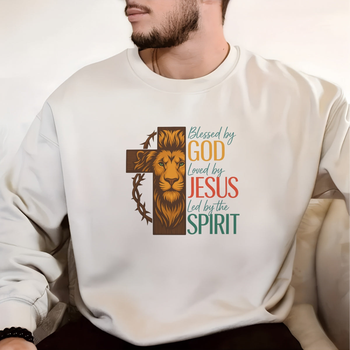Christian Lion Cross DTF Transfer, Blessed by God, Loved by Jesus, Led by the Spirit , Heat Press Iron-On for T-Shirts, Hoodies, Tote Bags