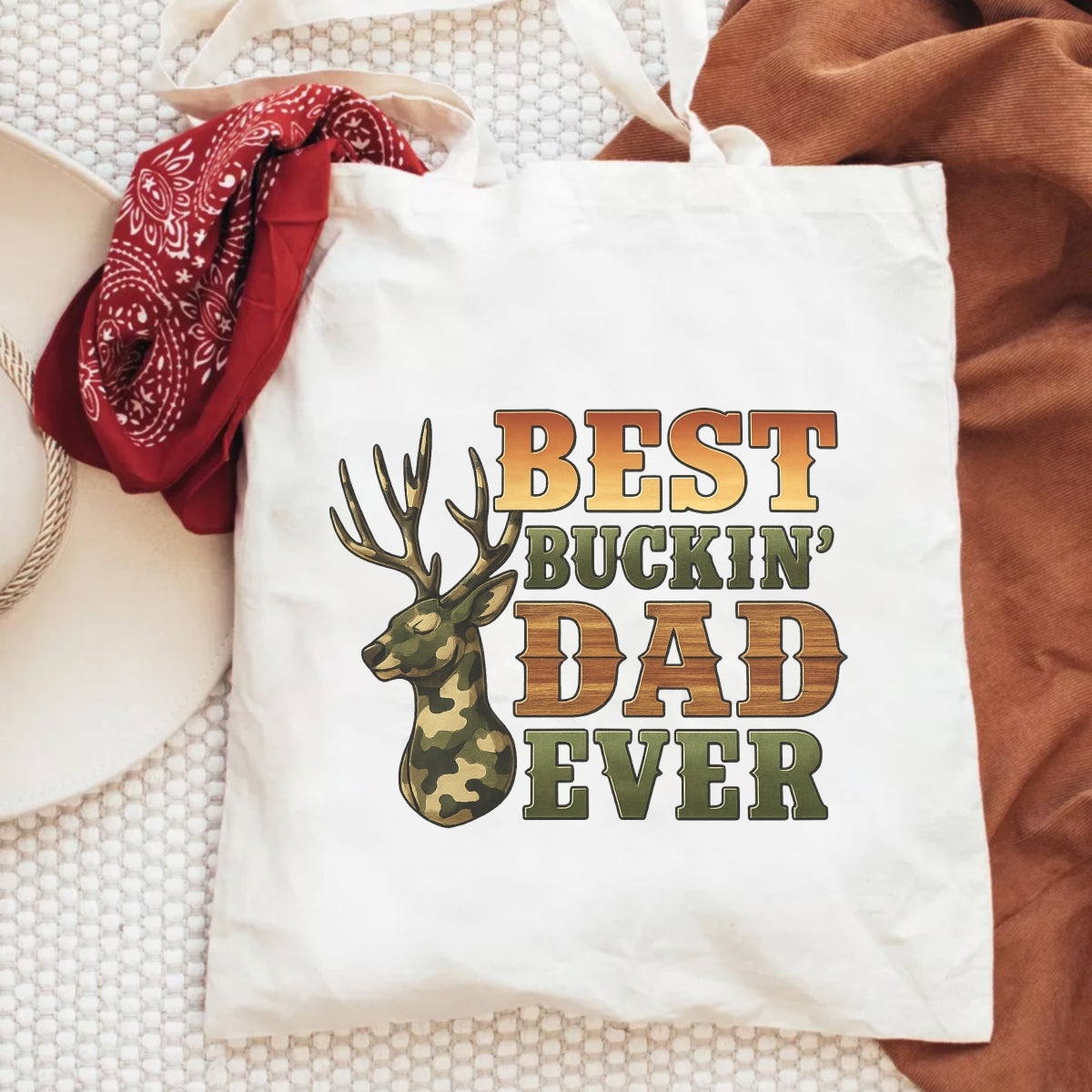 DTF Heat Transfer Iron On Sticker , Camouflage Deer Head with "BEST BUCKIN' DAD EVER" Slogan , Forest Camo Lettering & Woodgrain Textured Typography Father’s Day Gift Sticker for Hunting Apparel, Hoodies, Tote Bags