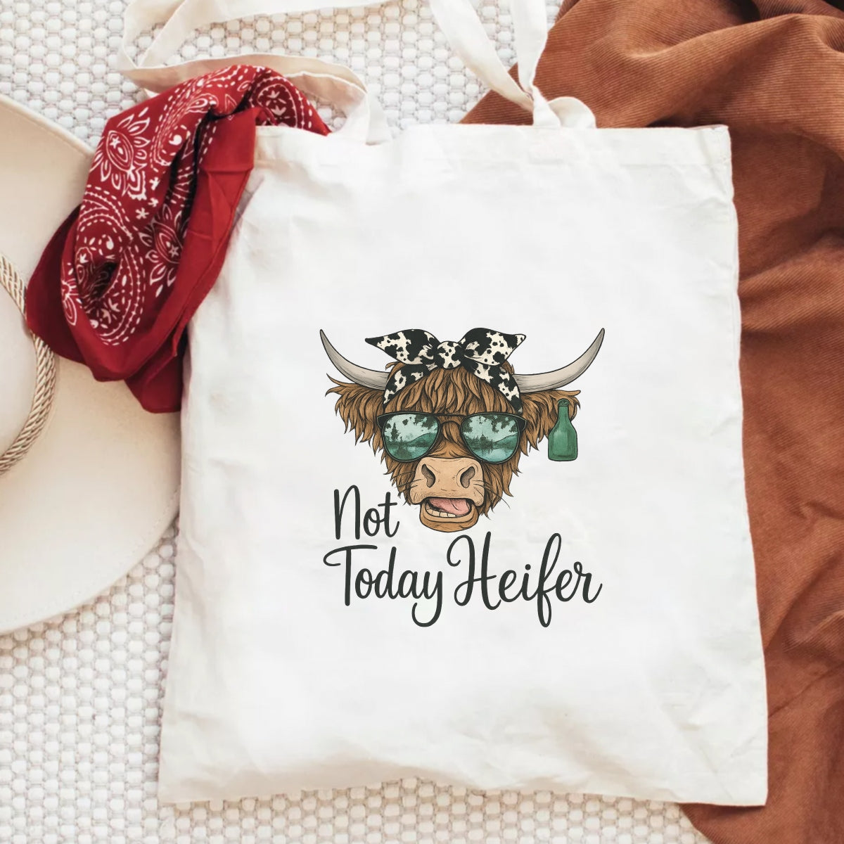 DTF Heat Transfer Iron On Sticker , Highland Cow with Green Sunglasses and Bandana , "Not Today Heifer" Western Style Decal for Clothing, Tote Bags