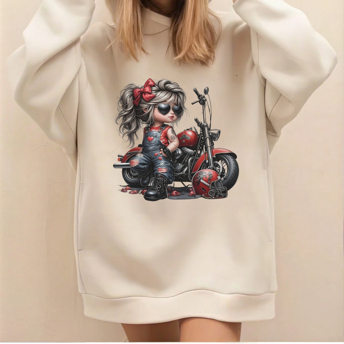 DTF Heat Transfer Iron On Sticker, Cool Biker Style Little Biker with Heart Sunglasses and Red Denim Overalls, Decal for Clothing, Tote Bags