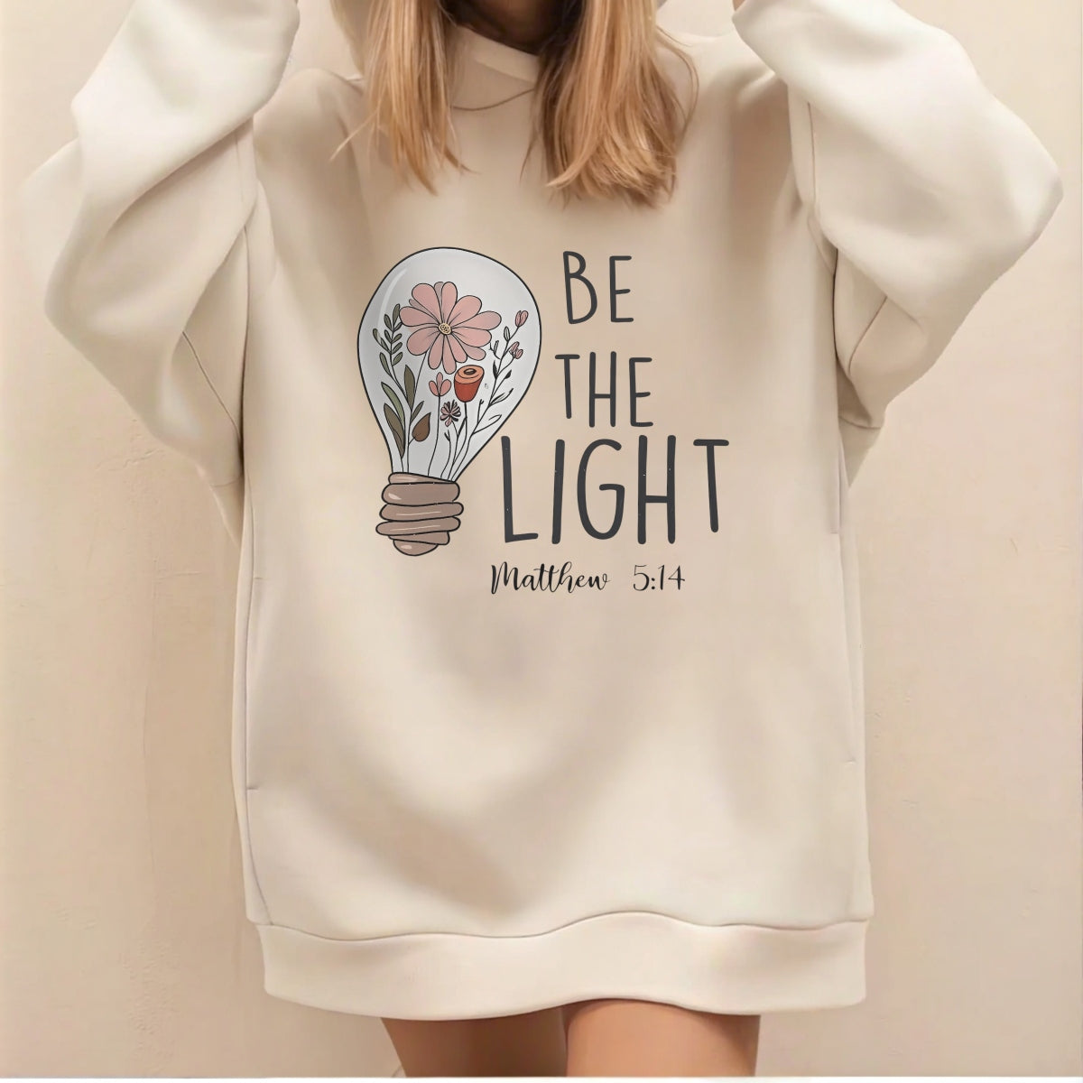 DTF Heat Transfer Iron On Sticker,  Floral Lightbulb Scripture Art with "BE THE LIGHT" & Matthew 5:14,   Decal for Clothing, Tote Bags