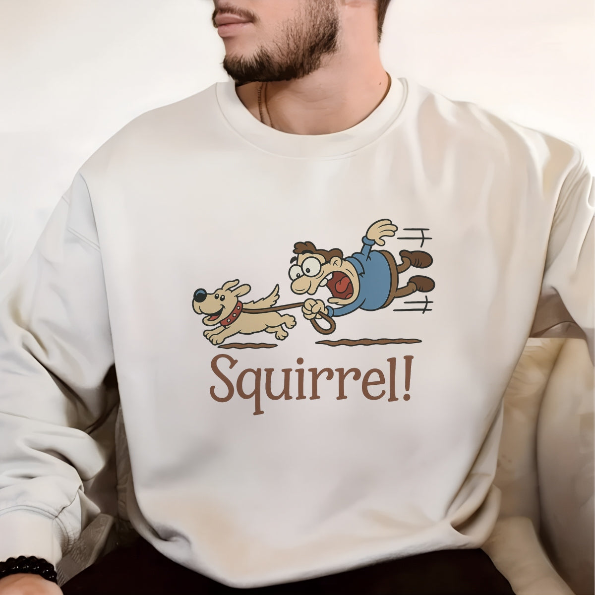 Funny Dog & Man Cartoon DTF Iron On Transfer, Squirrel Reaction Design for T-Shirts, Sweatshirts, Tote Bags,Heat Press Ready, DIY Animal Humor Patch, Cute Pet Lover Gift