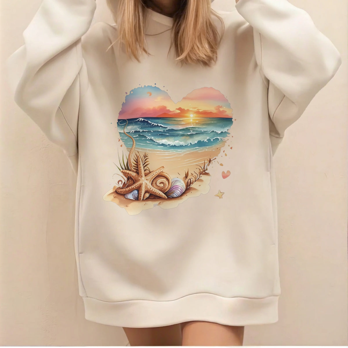 Sunset Beach Heart DTF Transfer,Cute Ocean Summer Iron On Patch for T-Shirts, Tote Bags, DIY Heat Press Decals, Aesthetic Watercolor Surf Art, Pastel Coastal Vinyl Design