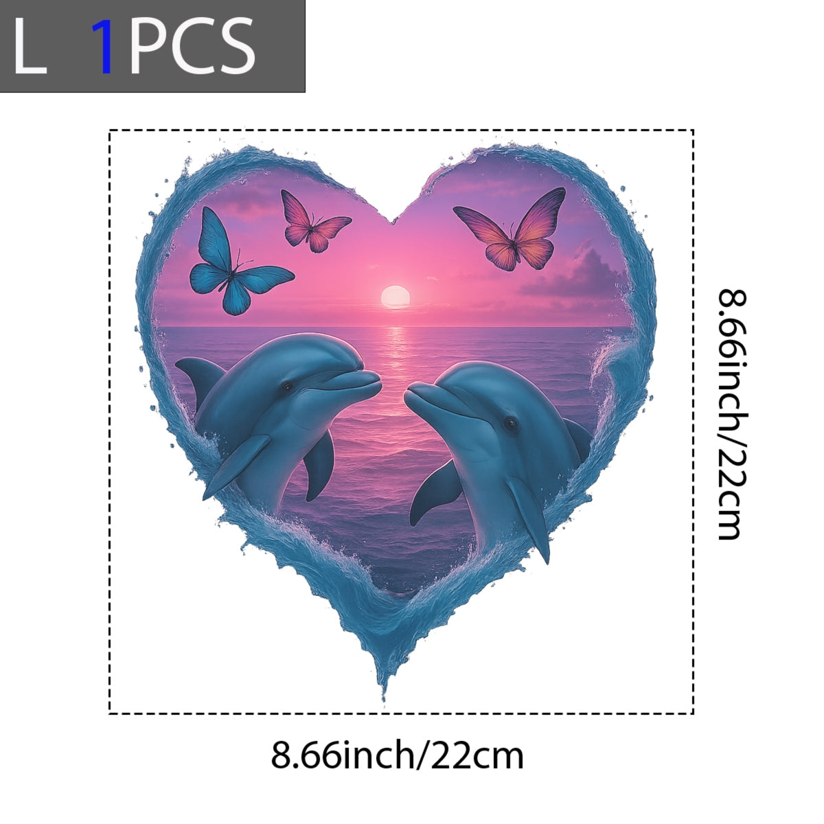 DTF Heat Transfer Iron On Sticker,Romantic Dolphins Heart with Sunset Ocean and Butterflies Design for DIY Shirt, Beachwear, Couple Gift, Aesthetic Summer Vibe