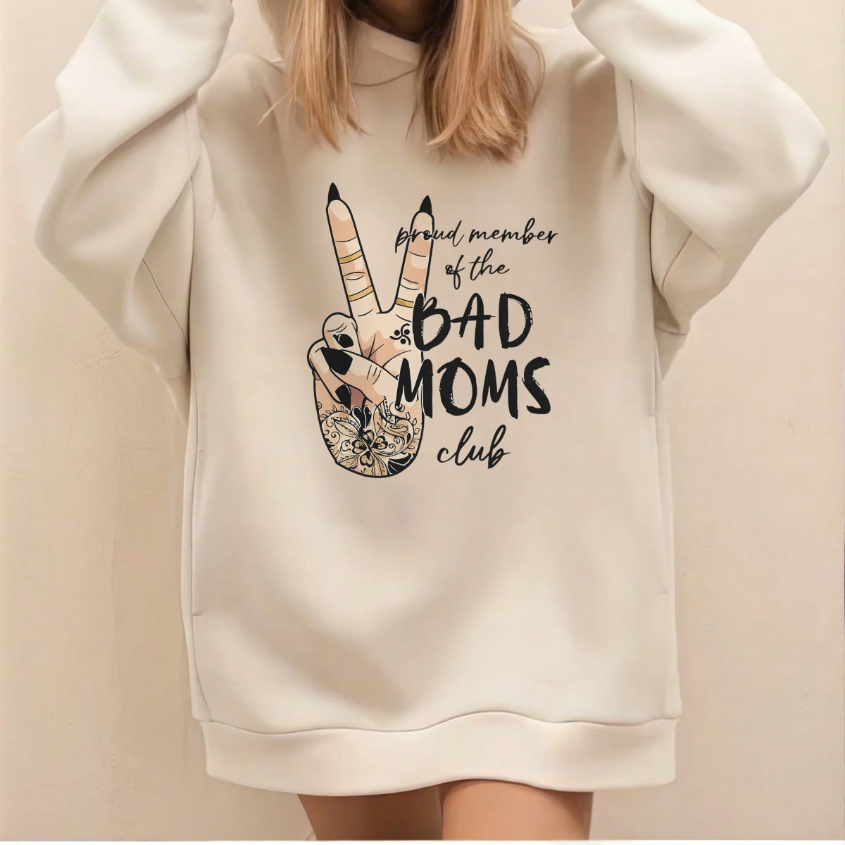 Bad Moms Club Peace Sign DTF Iron-On Decal , Floral Tattoo Mom Life Sticker | Black and Tan Gold Accents Design for Apparel