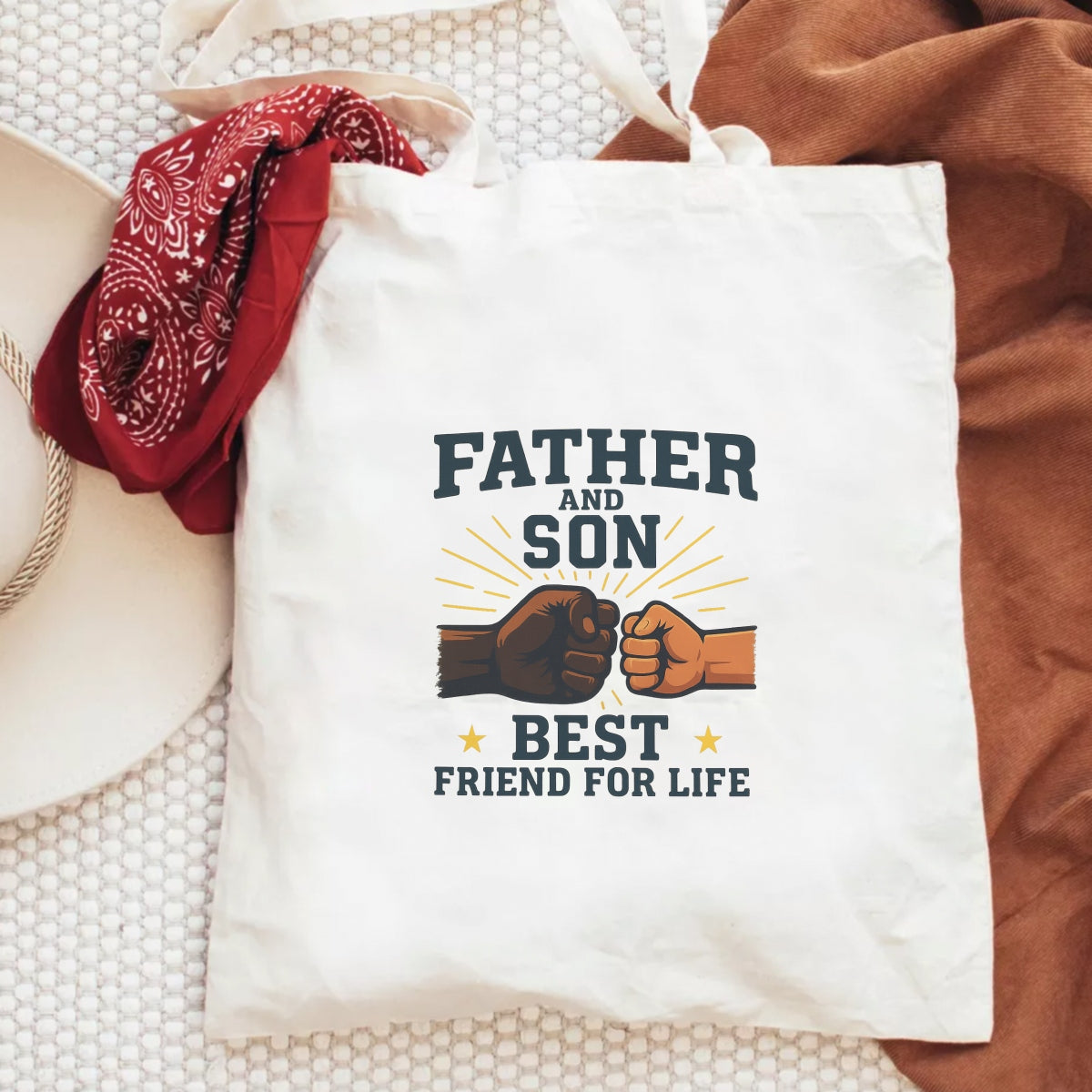 DTF Heat Transfer Iron On Sticker , Father and Son Fist Bump Design ,  "BEST FRIEND FOR LIFE" Golden Star Accents on Monochrome Clashing Fists ,  Family Bonding Merch for Apparel, T-Shirts, Hoodies and  Friendship Gifts