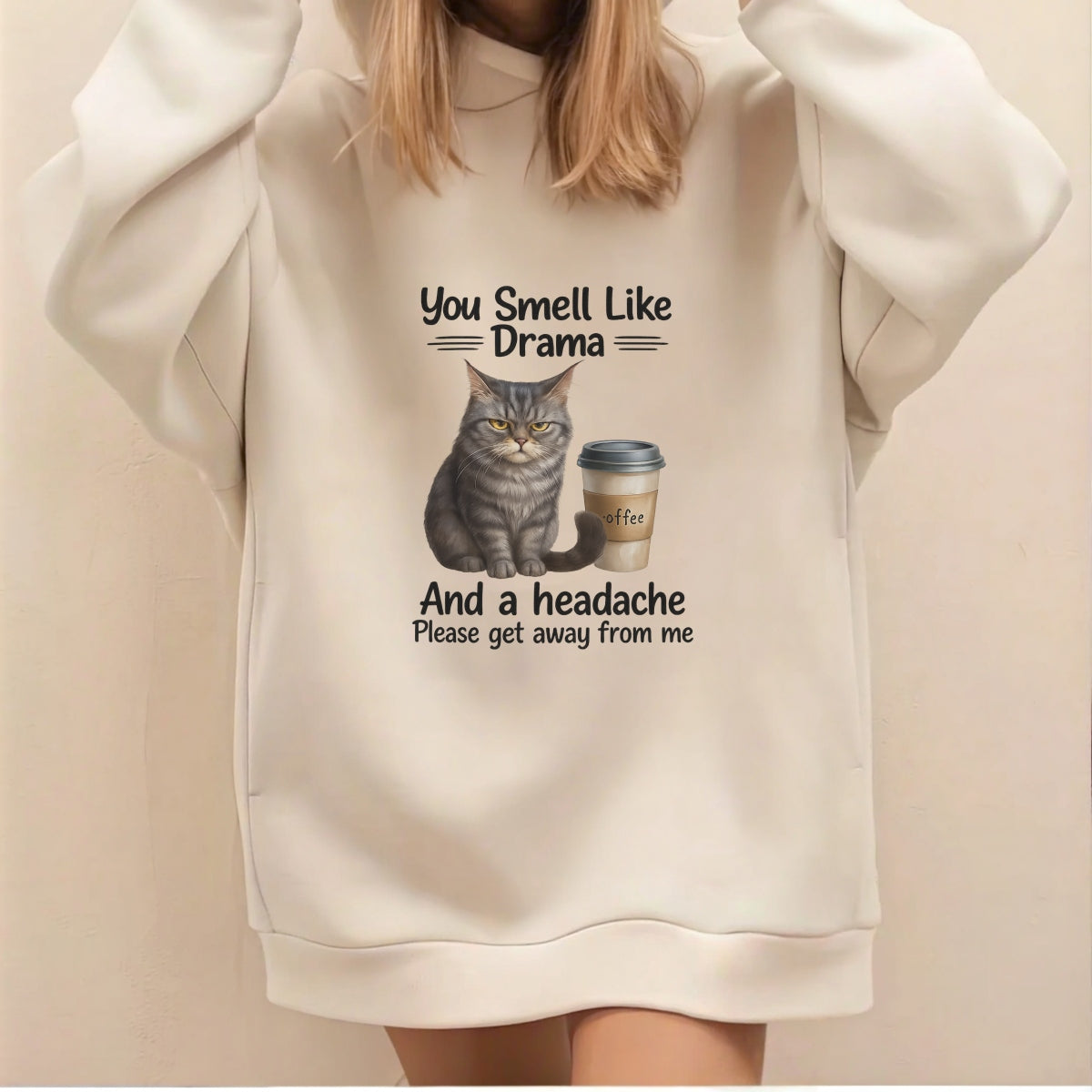 Cat DTF Transfer for T-Shirts , Funny Coffee Quote Iron-On Patch , You Smell Like Drama and a Headache , Heat Press Ready, DIY Shirt Decal for Women, Cat Lovers, Sarcastic Gift Idea