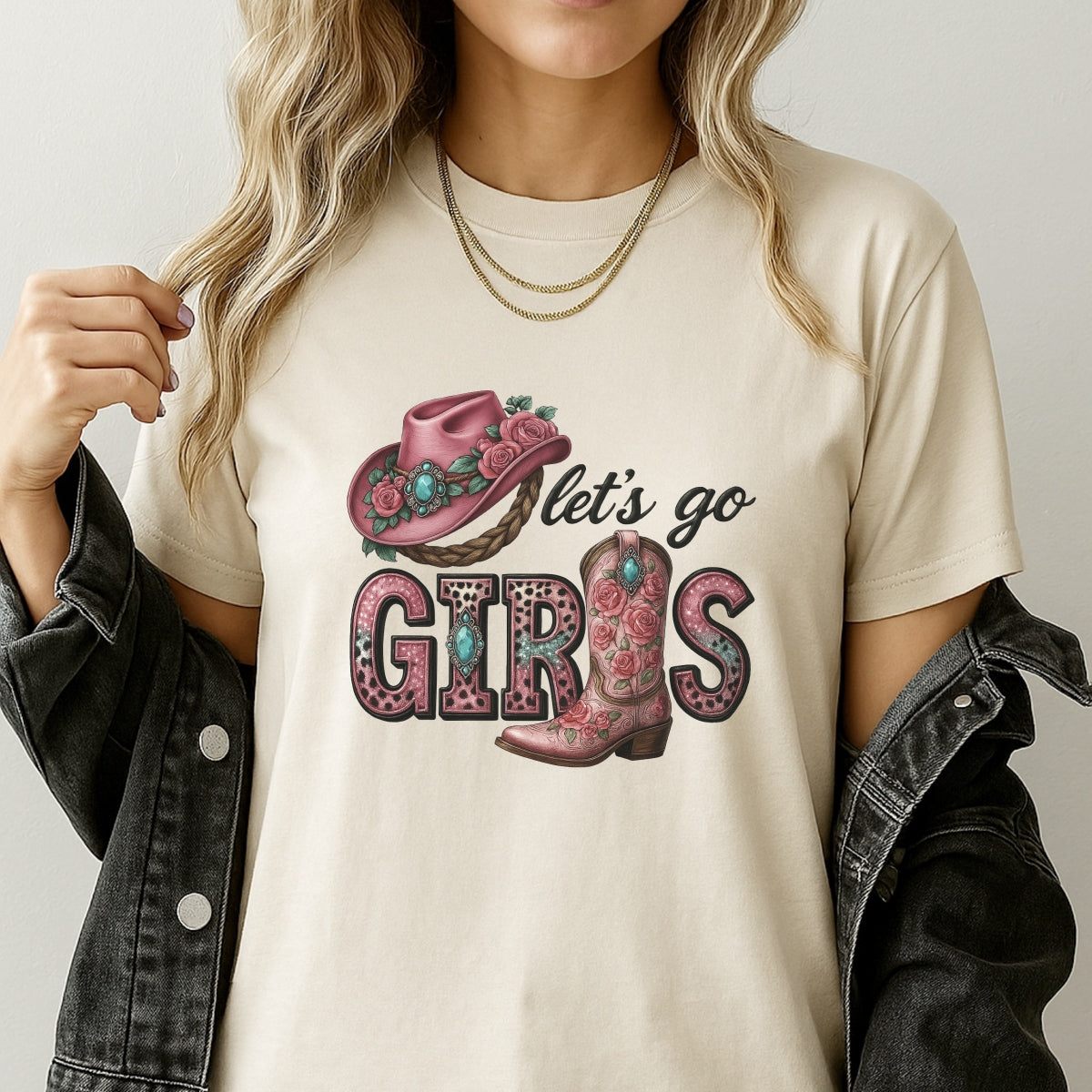 Let’s Go Girls Western DTF Transfer , Pink Cowgirl Hat and Boot Heat Press Iron-On for T-Shirts, Country Rodeo Style, Glitter Vinyl Look