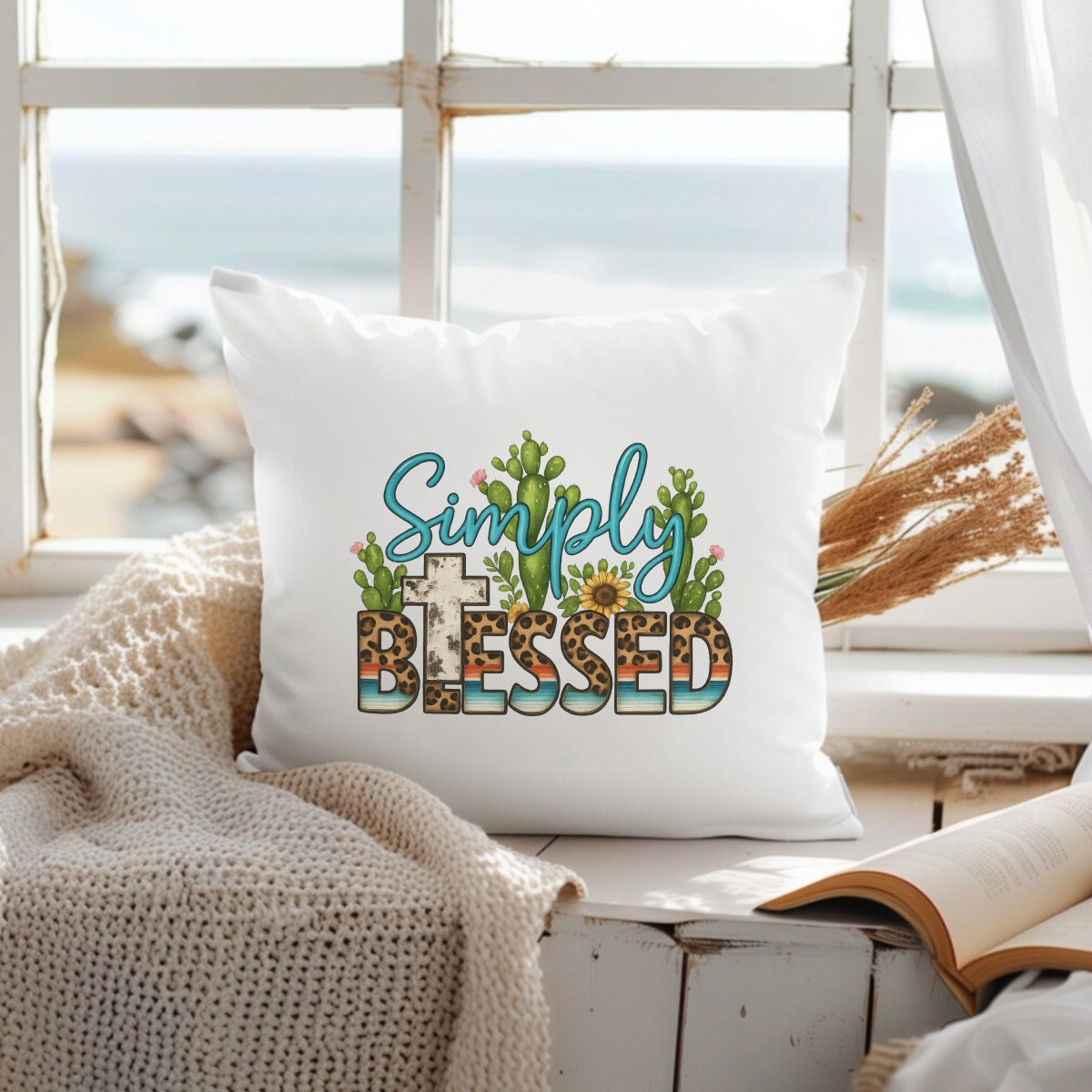 DTF Heat Transfer Iron On Sticker ,  "Simply Blessed" Cactus and Sunflower Design with Leopard Print BLESSED Text and Desert Stripes Cross ,  Western and Spiritual Themed Decal for Clothing, Tote Bags