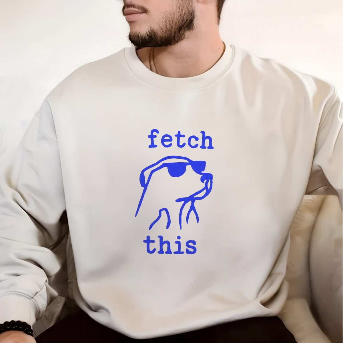 DTF Heat Transfer Iron On Sticker,  Chill Pup with Sunglasses ,  "Fetch This" Bold Blue Typography ,  Modern Minimalist Pet Sticker for Party Outfits, Tote Bags and DIY Crafts