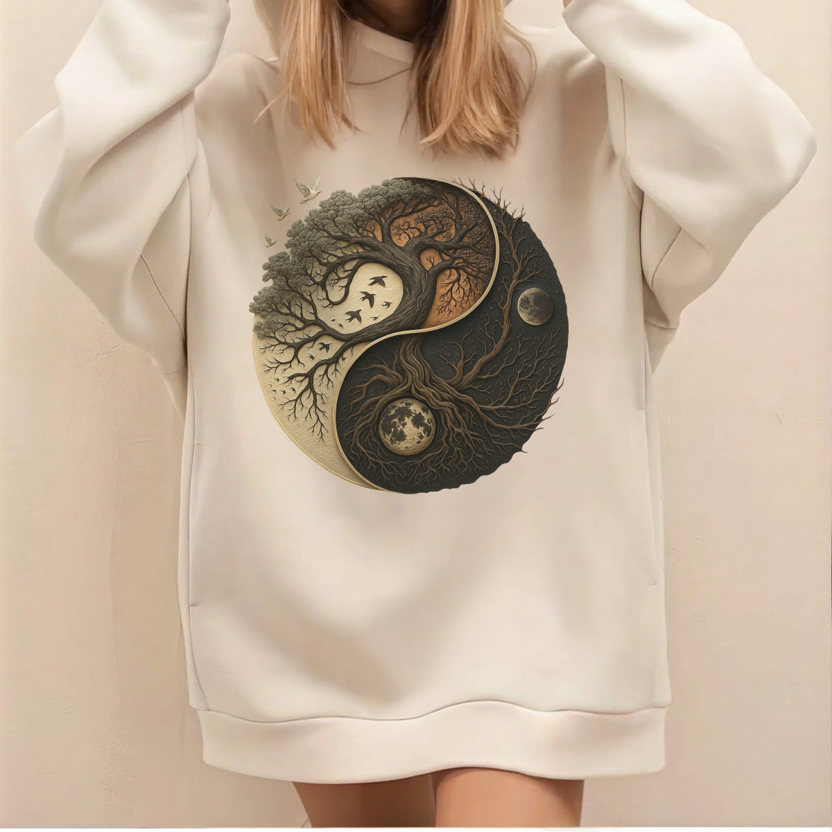 Yin Yang Tree of Life DTF Heat Transfer, Moon & Nature Spiritual Iron On Decal for DIY T-Shirts, Ready to Press, Full Color, Washable