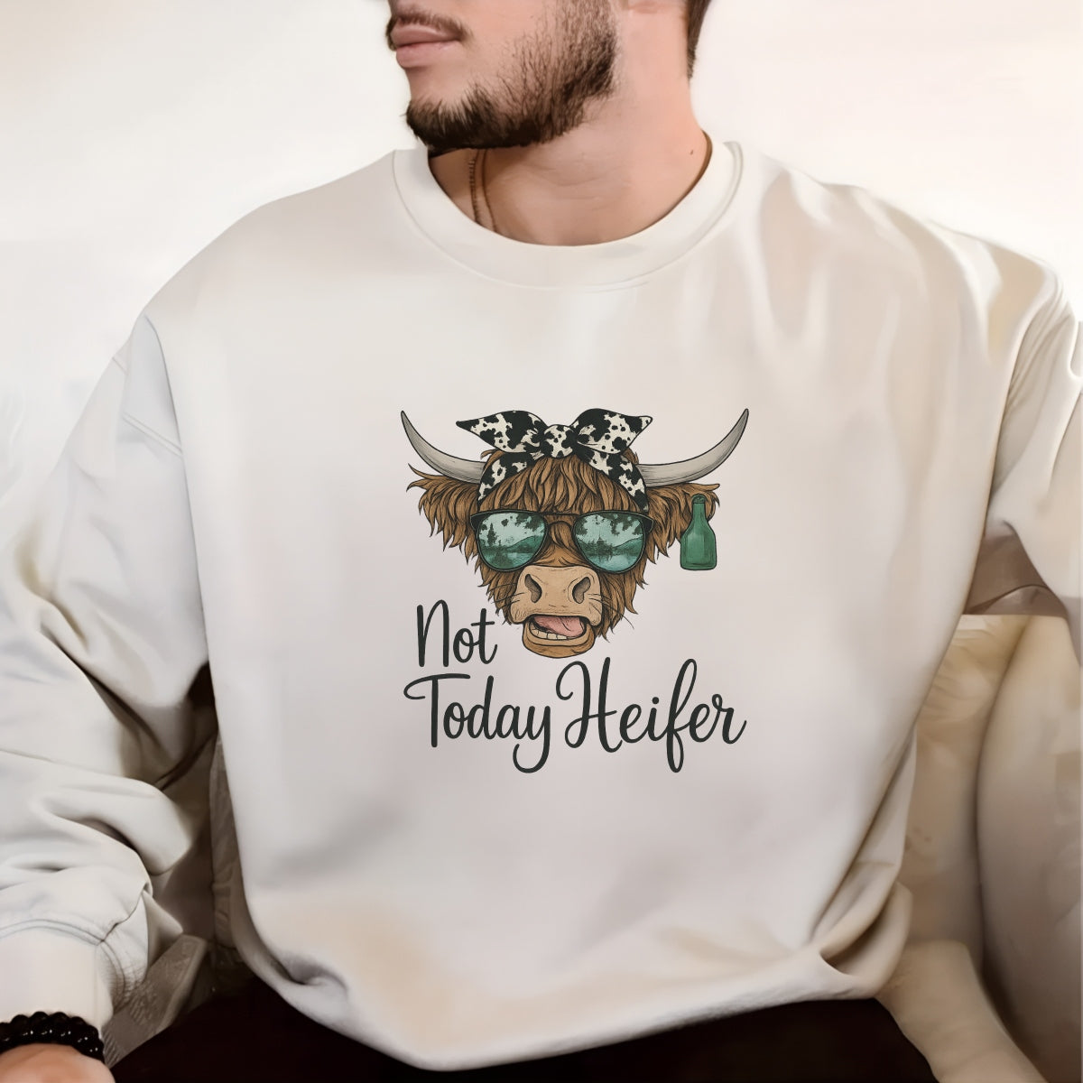 DTF Heat Transfer Iron On Sticker , Highland Cow with Green Sunglasses and Bandana , "Not Today Heifer" Western Style Decal for Clothing, Tote Bags