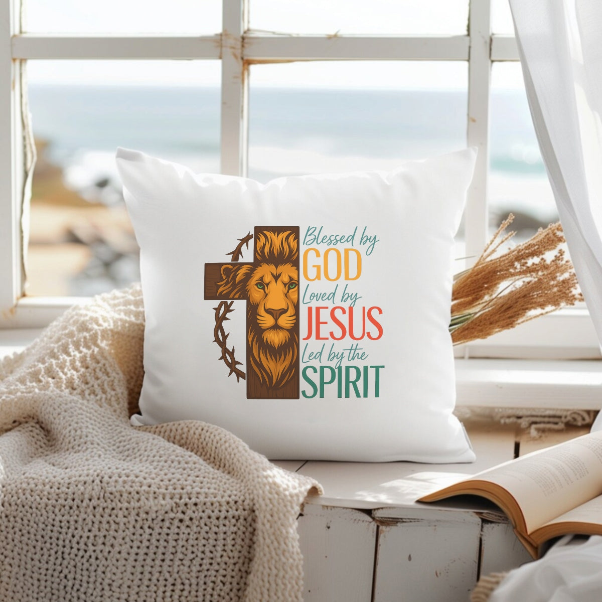 Christian Lion Cross DTF Transfer, Blessed by God, Loved by Jesus, Led by the Spirit , Heat Press Iron-On for T-Shirts, Hoodies, Tote Bags