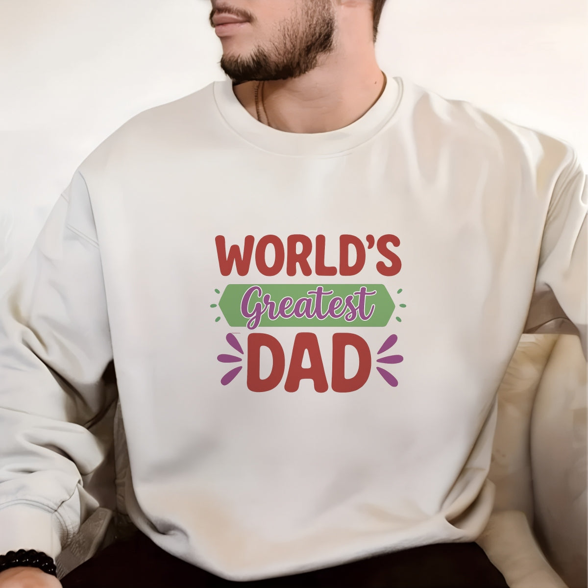 DTF Heat Transfer Iron On Sticker , "WORLD'S Greatest DAD" Vibrant Gradient Design ,Bold Block Letters with Purple Cursive "Greatest" and Starburst Accents , Father's Day Gift Sticker for T-Shirts, Hoodies, Tote Bags