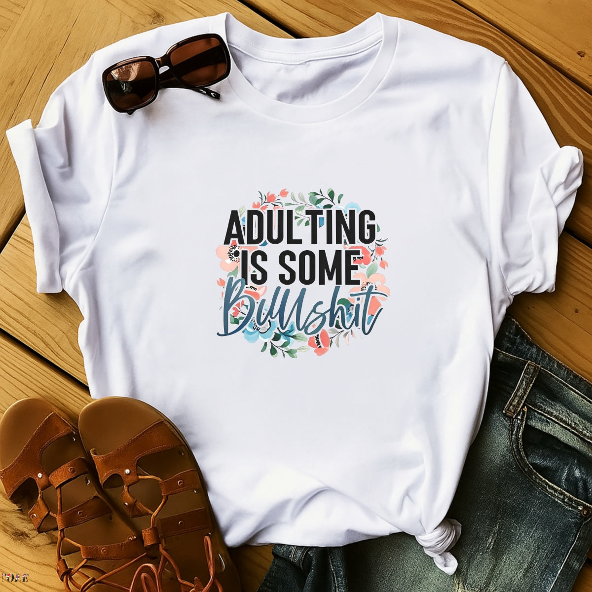 Adulting Is Bullshit DTF Transfer Sticker ,Sarcasm Art Floral Decal,Motivational Quote Iron-On Sticker for Apparel