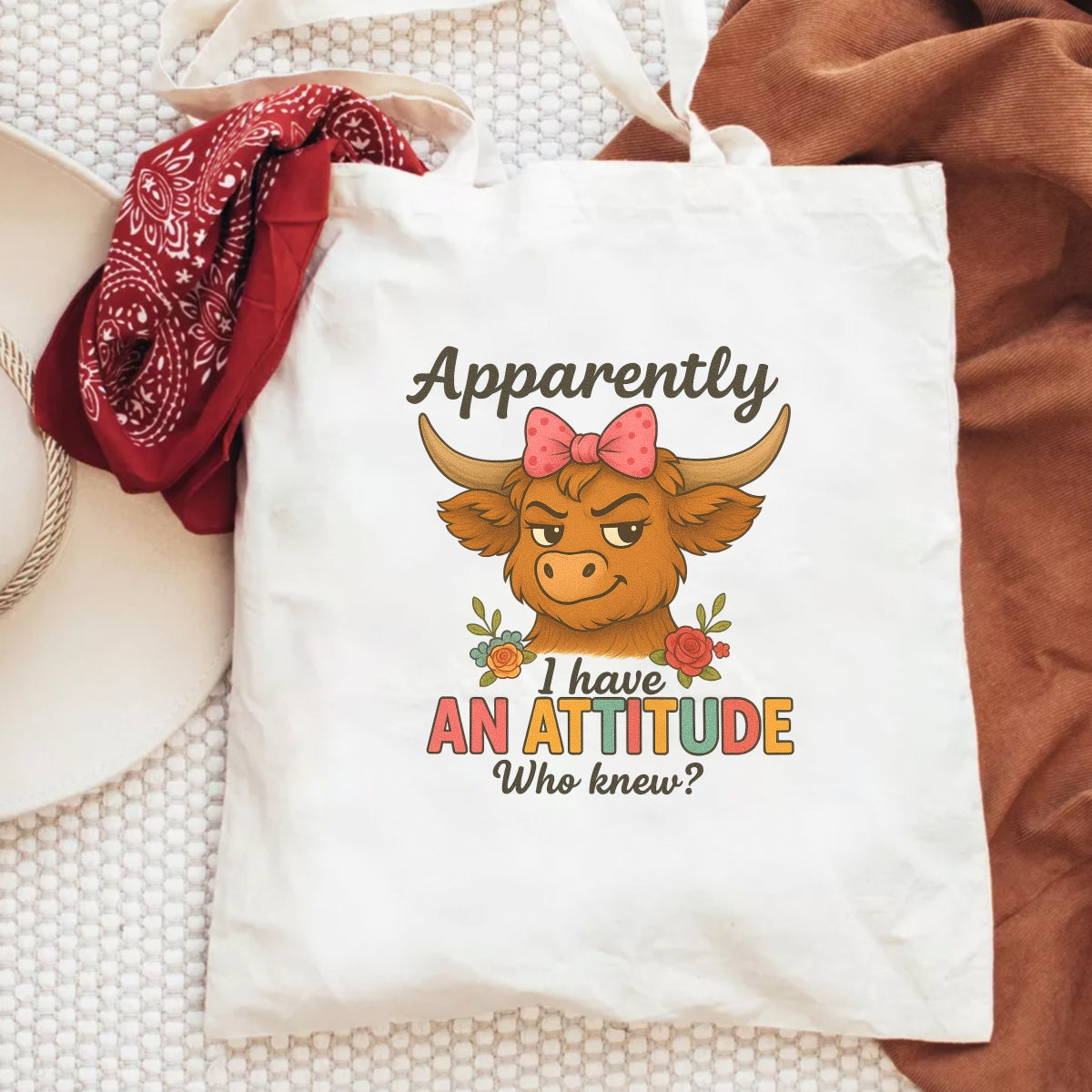 DTF Funny Highland Cow Iron-On Transfer “Apparently I Have an Attitude” Heat Press Decal, Sassy Cow with Bow, Full-Color DTF Print for DIY T-Shirts, Bags