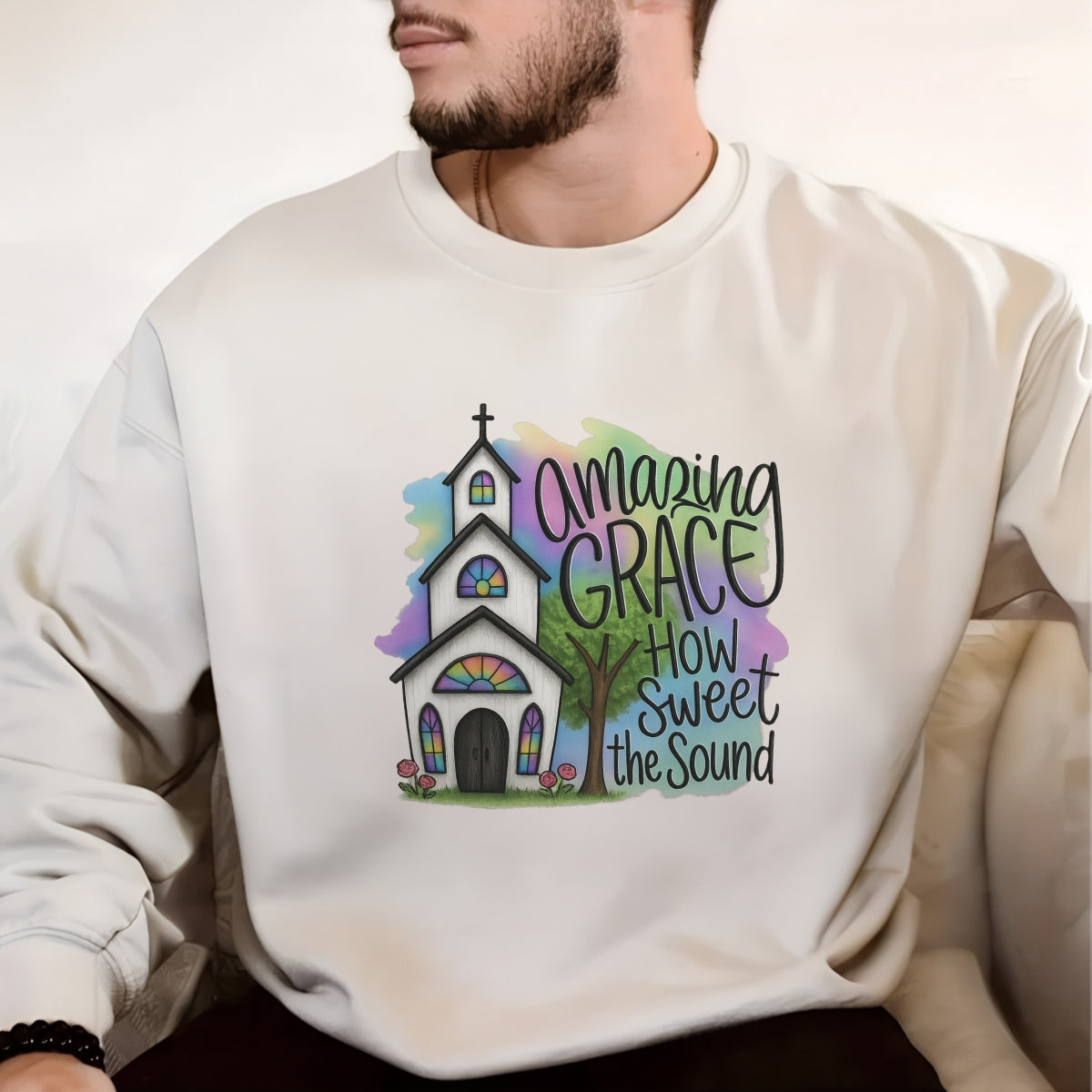 DTF Heat Transfer Iron On Sticker , Gothic Church with Stained Glass and "Amazing Grace" Quote ,  Pink Roses and Green Tree on Pastel Watercolor Background , Inspirational Christian Merch for T-Shirts, Hoodies, Tote Bags