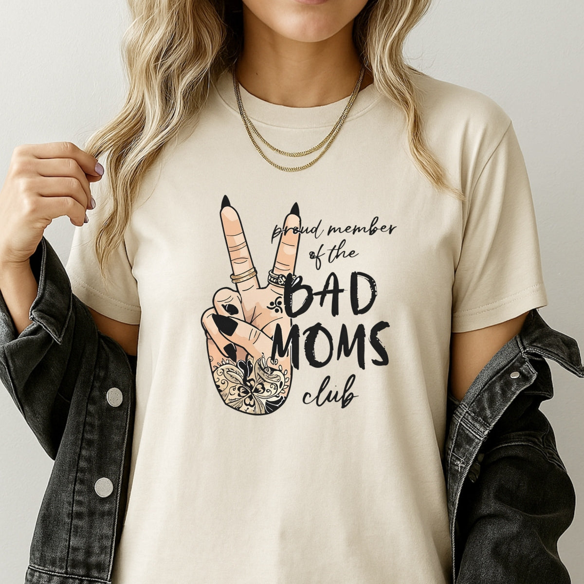 DTF Heat Transfer Iron On Sticker, "Bad Moms Club" Hand Gesture Art with Henna Floral Patterns & Peace Sign,Empowerment Slogan Sticker for Clothing, Tote Bags