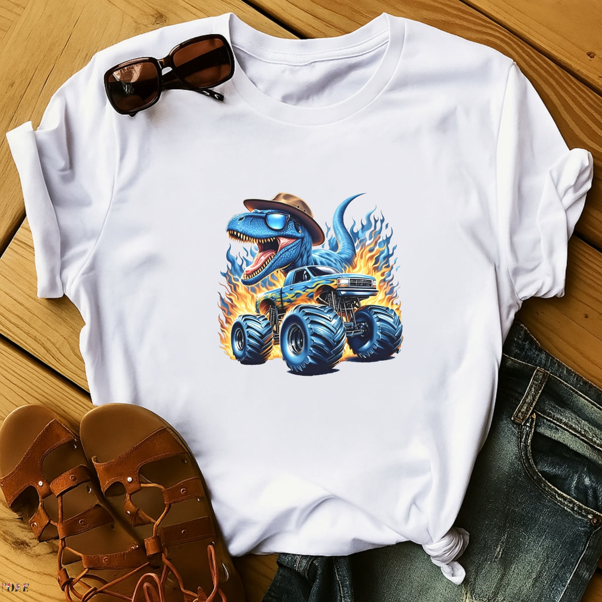 Blue Dinosaur Monster Truck DTF Iron-On Sticker , 'Roaring Flames Adventure' Design,Automotive Decal for T-Shirts, Hoodies