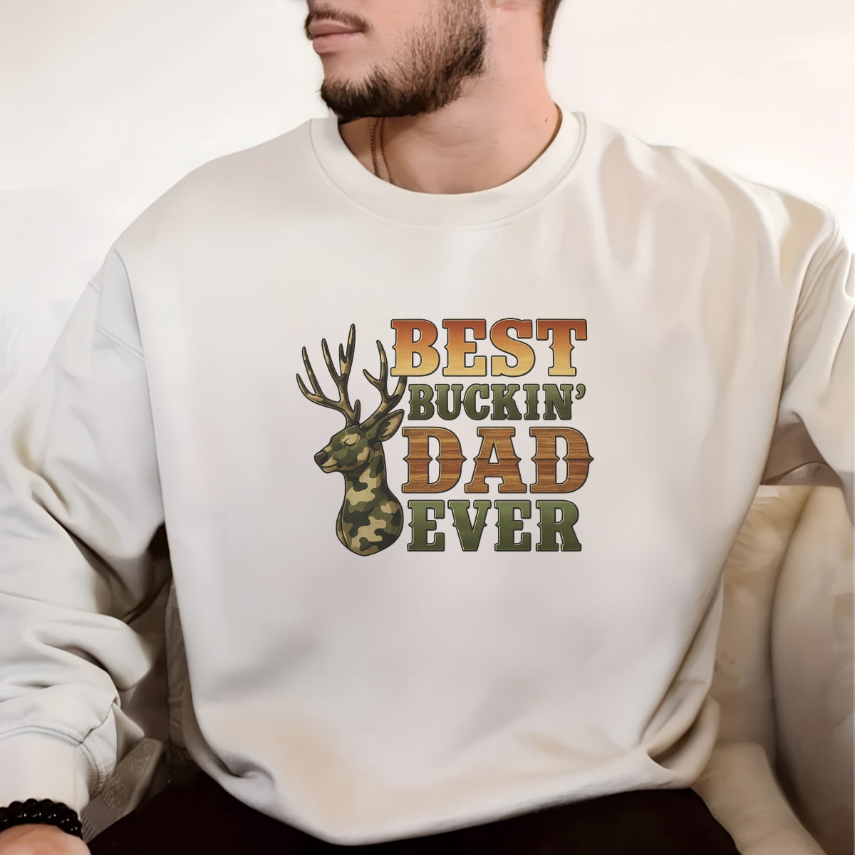 DTF Heat Transfer Iron On Sticker , Camouflage Deer Head with "BEST BUCKIN' DAD EVER" Slogan , Forest Camo Lettering & Woodgrain Textured Typography Father’s Day Gift Sticker for Hunting Apparel, Hoodies, Tote Bags
