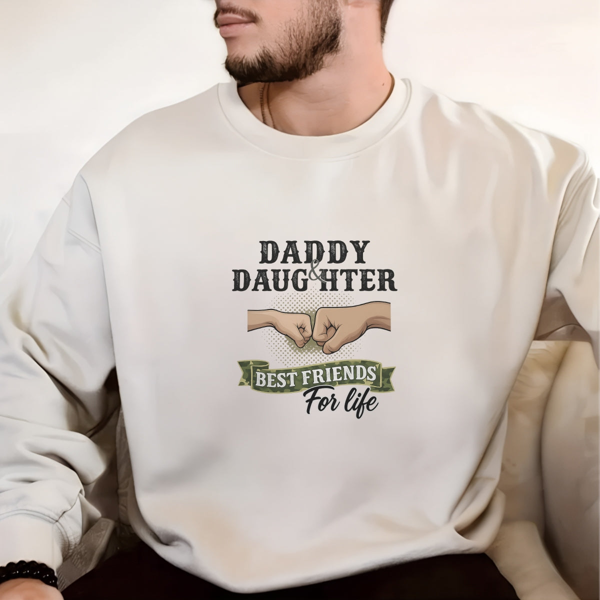DTF Heat Transfer Iron On Sticker , "DADDY and DAUGHTER" Fist Bump Friendship Design , Vintage Polka Dot Background with Camouflage Ribbon and Military-Inspired Aesthetic ,  Family Bonding Apparel Decal for T-Shirts, Hoodies, Tote Bags