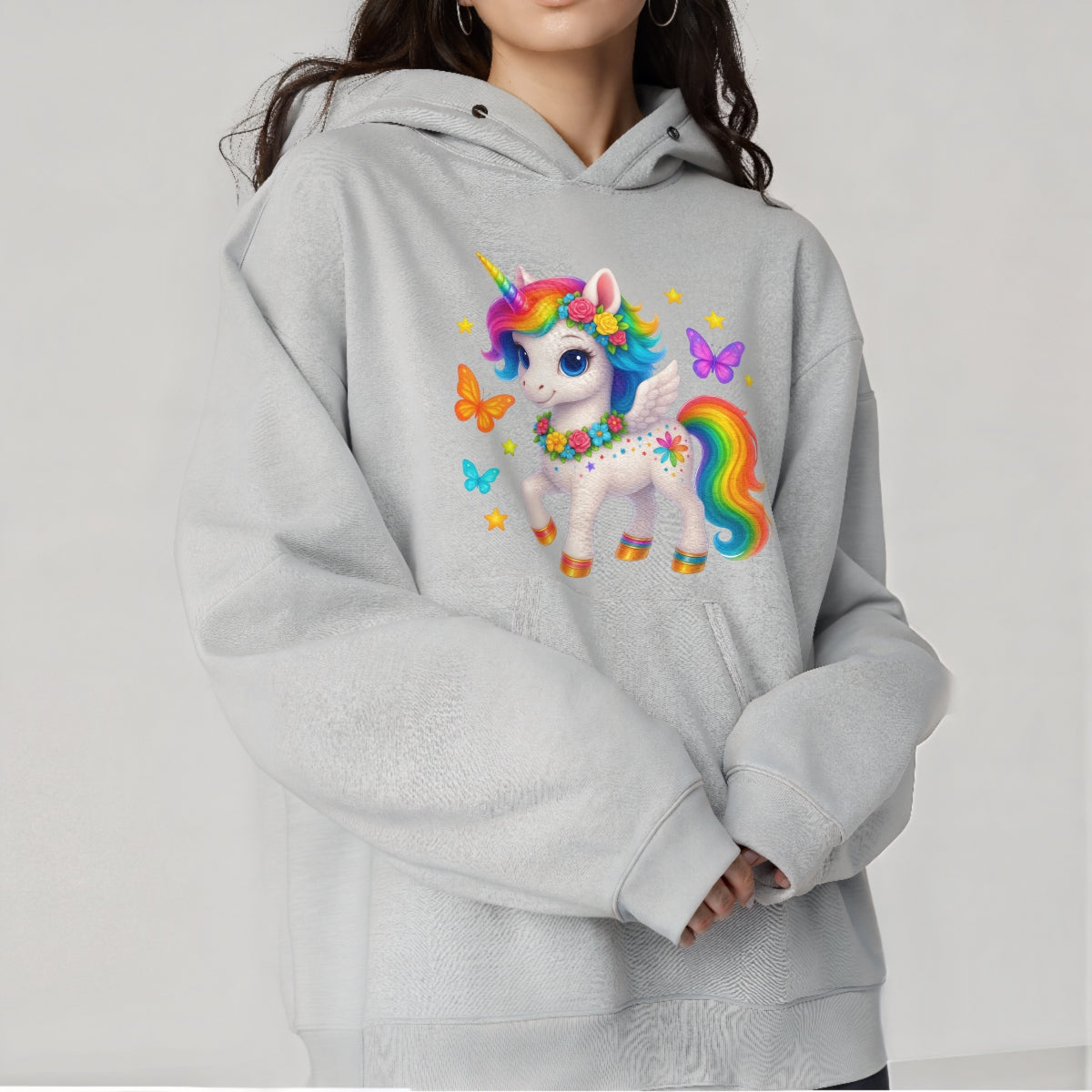 DTF Heat Transfer Iron On Sticker,Rainbow Unicorn with Wings, Flowers, and Stars Design for DIY Shirt, Fantasy Lover Gift, Magical Aesthetic Apparel Decoration