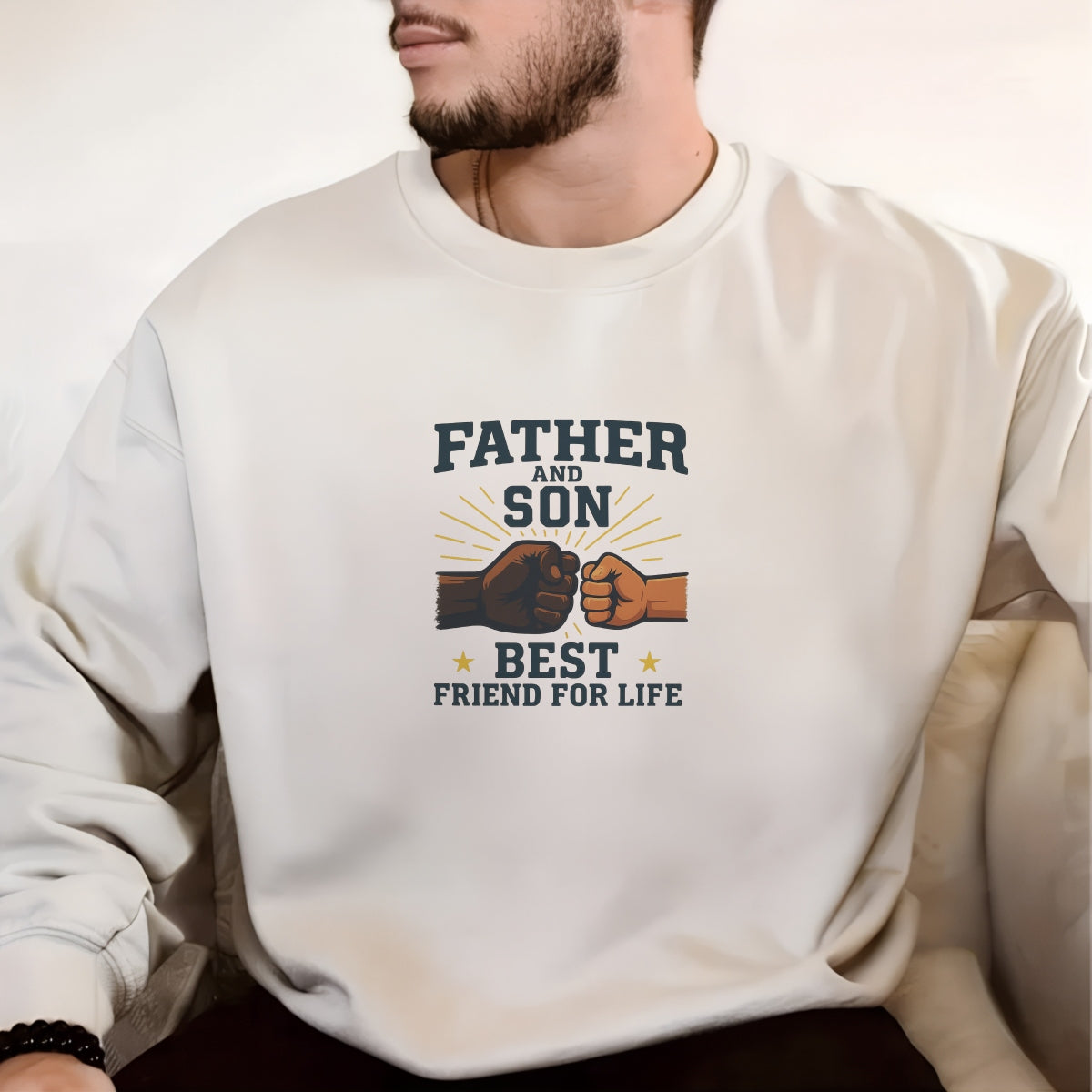 DTF Heat Transfer Iron On Sticker , Father and Son Fist Bump Design ,  "BEST FRIEND FOR LIFE" Golden Star Accents on Monochrome Clashing Fists ,  Family Bonding Merch for Apparel, T-Shirts, Hoodies and  Friendship Gifts