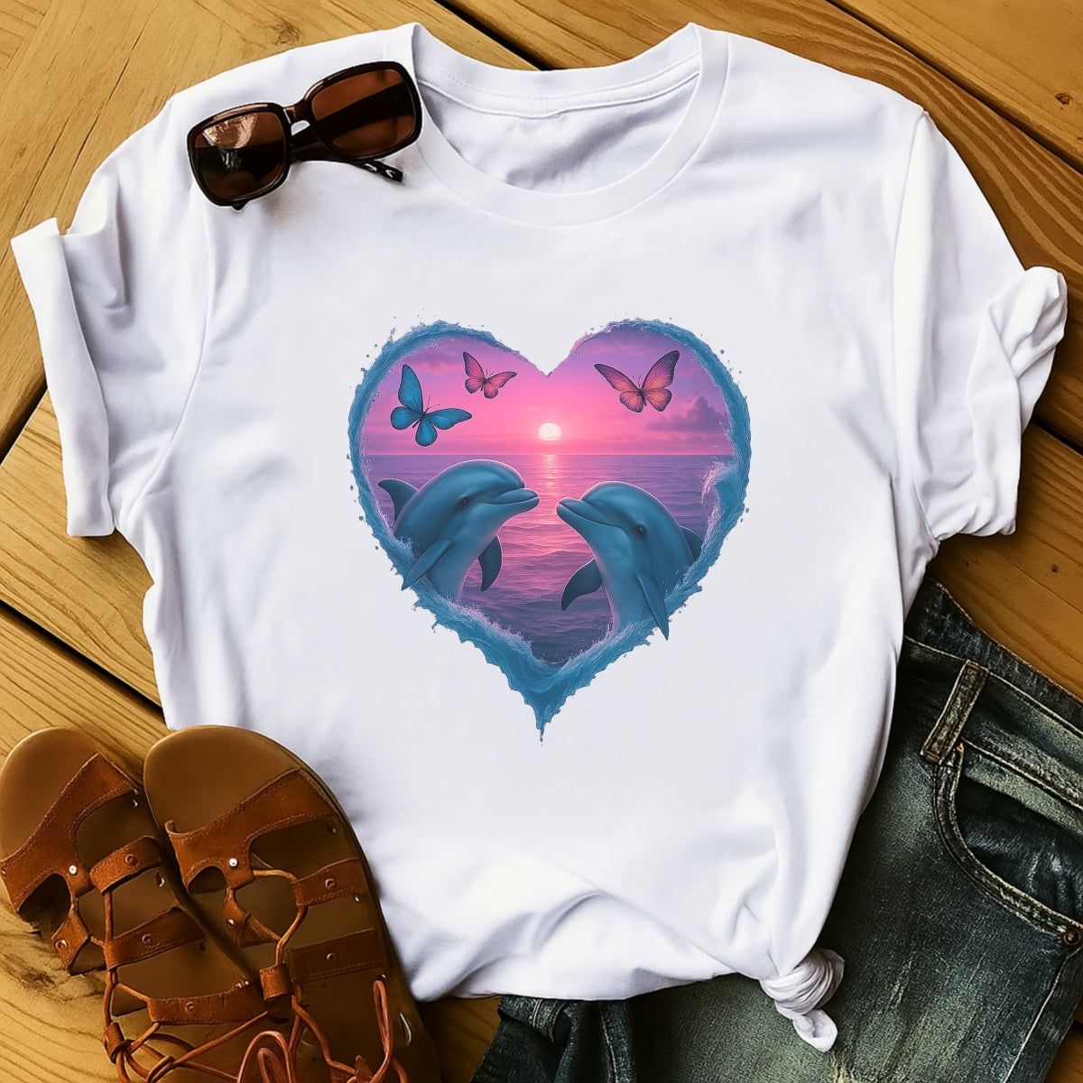 DTF Heat Transfer Iron On Sticker,Romantic Dolphins Heart with Sunset Ocean and Butterflies Design for DIY Shirt, Beachwear, Couple Gift, Aesthetic Summer Vibe