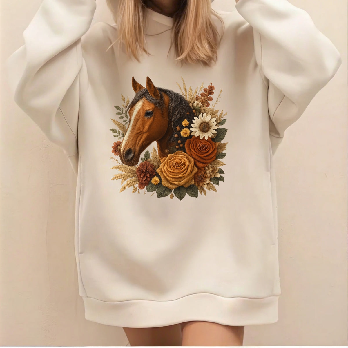 Realistic Horse DTF Transfer , Autumn Floral Western Iron On Decal for T-Shirts, Hoodies, Tote Bags , DIY Heat Press Animal Print for Country Cowboy Style