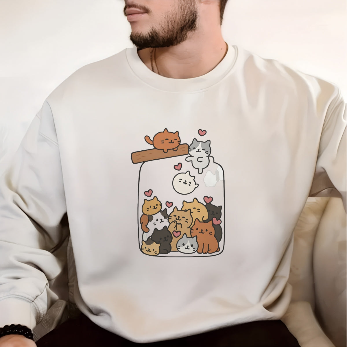 DTF Heat Transfer sticker: "Heartwarming Feline Harmony" – cute pastel cats, jar, pink hearts. Easy to apply