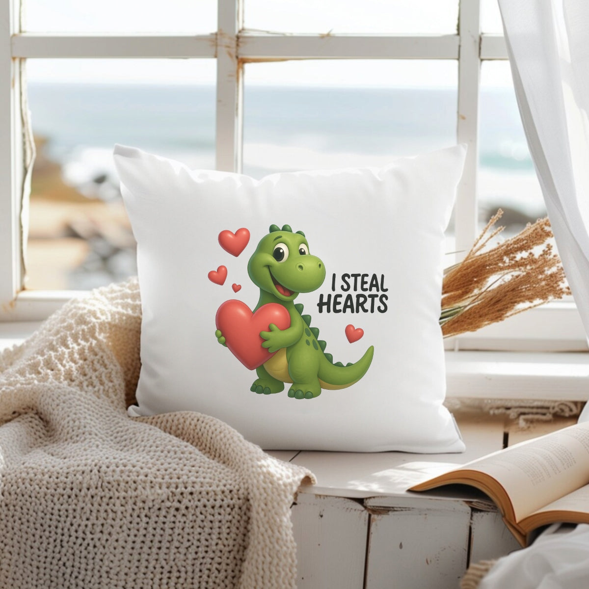 Cute Dinosaur Heat Transfer Patch ,  Steal Hearts Iron-On Decal for T-Shirts, Bags, Funny Valentine DIY Design
