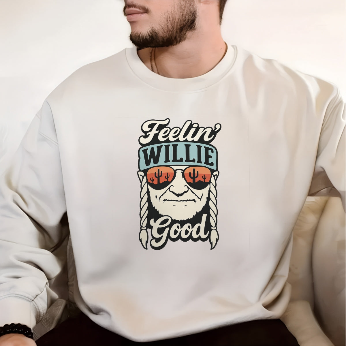 DTF Heat Transfer Iron On Sticker,Willie Nelson Portrait with Desert Sunset Cactus Reflection & "Feelin' Good" Country Lyrics,Vintage Western Music Merch for T-Shirts, Hoodies, Tote Bags