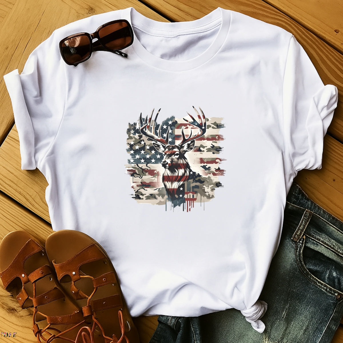 American Flag Deer DTF Iron-On Sticker , Patriotic Camouflage Hunting Decal , Waterproof Vinyl Transfer for T-Shirts