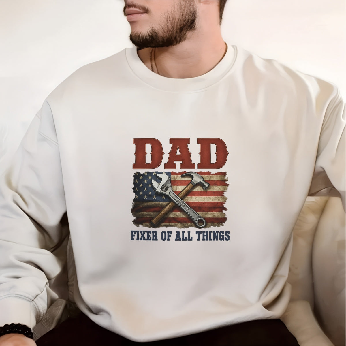 DTF Heat Transfer Iron On Sticker , American Flag Hammer & Wrench Decal , Vintage "DAD" with "FIXER OF ALL THINGS" Slogan , Patriotic Father's Day Gift Sticker for T-Shirts, Hoodies