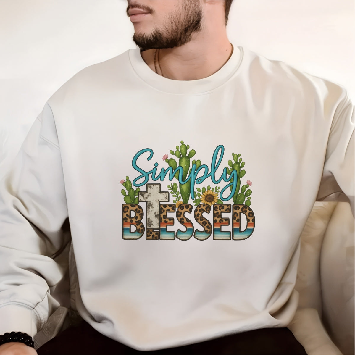 DTF Heat Transfer Iron On Sticker ,  "Simply Blessed" Cactus and Sunflower Design with Leopard Print BLESSED Text and Desert Stripes Cross ,  Western and Spiritual Themed Decal for Clothing, Tote Bags