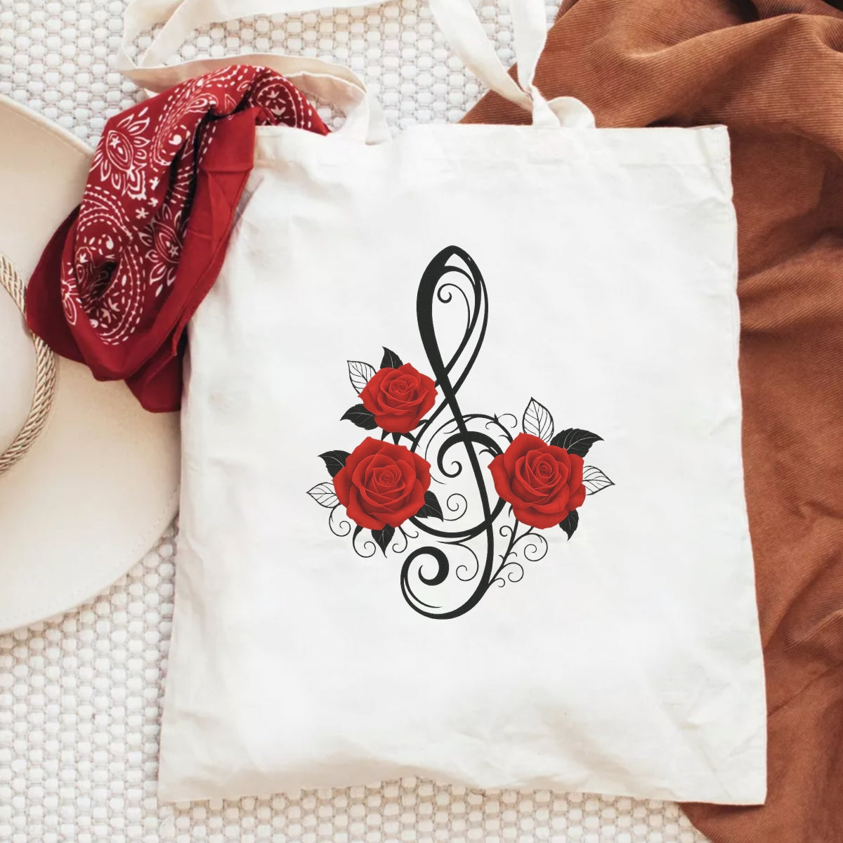 Music Note Rose Iron On Transfer for T-Shirts , DTF Heat Transfer Patch , Red Rose Floral Treble Clef Decal for DIY Clothing, Bags