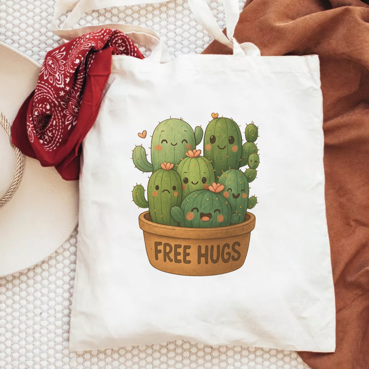Cute Cactus "Free Hugs" Iron-On Transfer,Funny DTF Heat Transfer Patch for T-Shirts, Tote Bags, Hoodies
