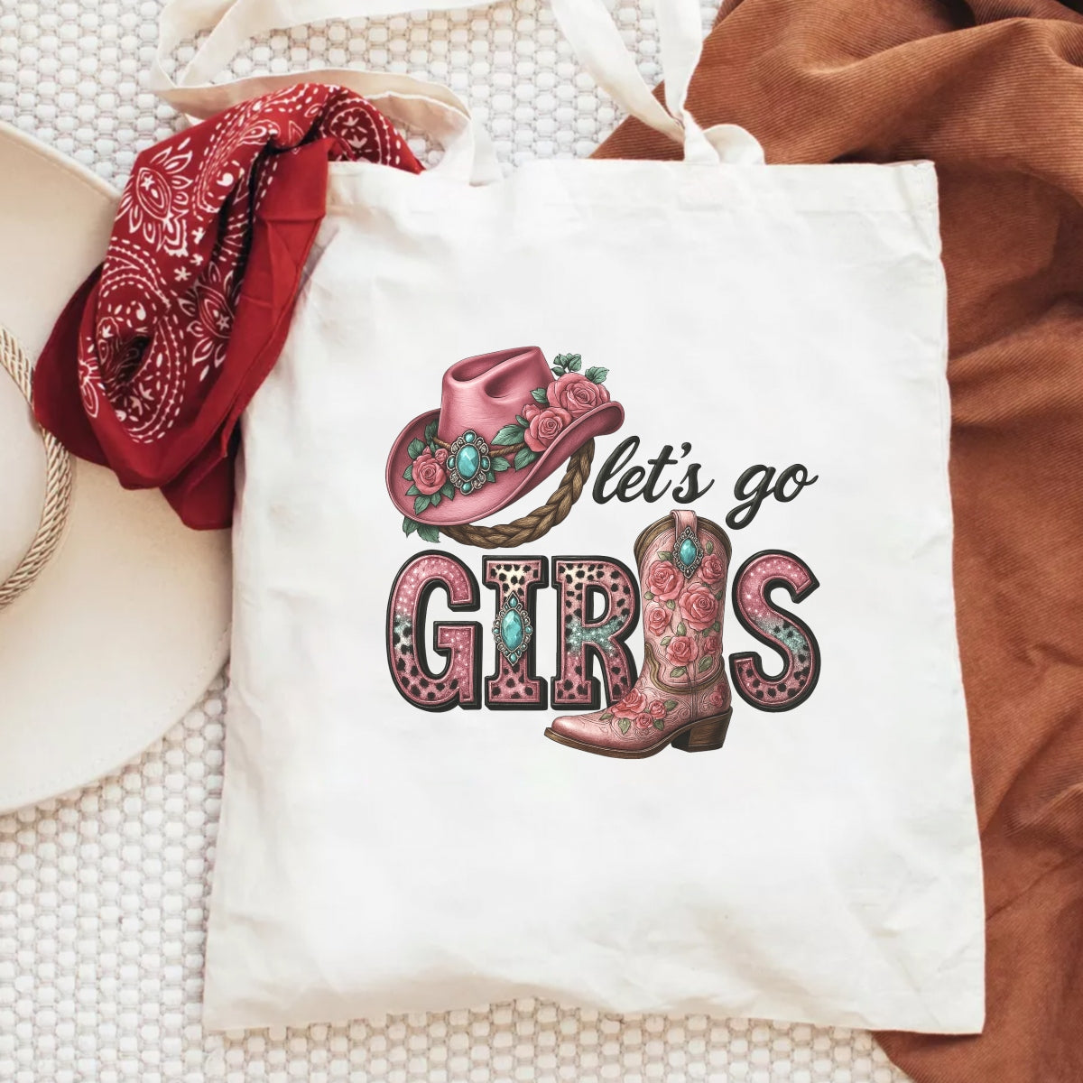 Let’s Go Girls Western DTF Transfer , Pink Cowgirl Hat and Boot Heat Press Iron-On for T-Shirts, Country Rodeo Style, Glitter Vinyl Look