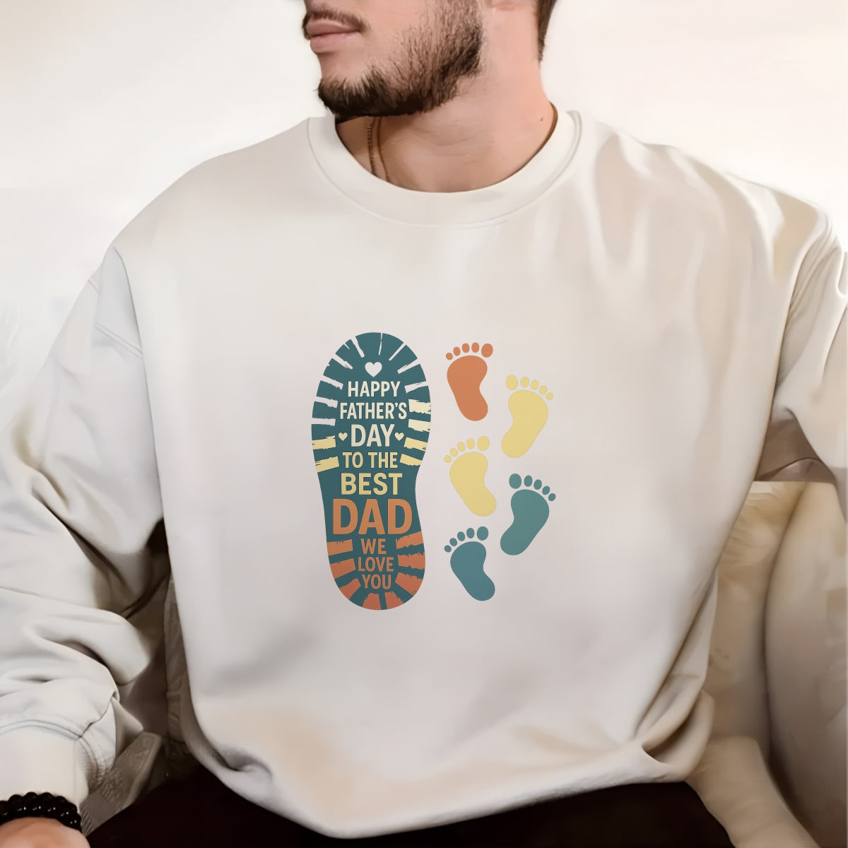 DTF Heat Transfer Iron On Sticker ,  Father's Day Footprint Design with Family Celebration ,   Multi-Color Footprints Symbolizing Family Unity ,  Heartfelt Apparel Decal for T-Shirts, Hoodies