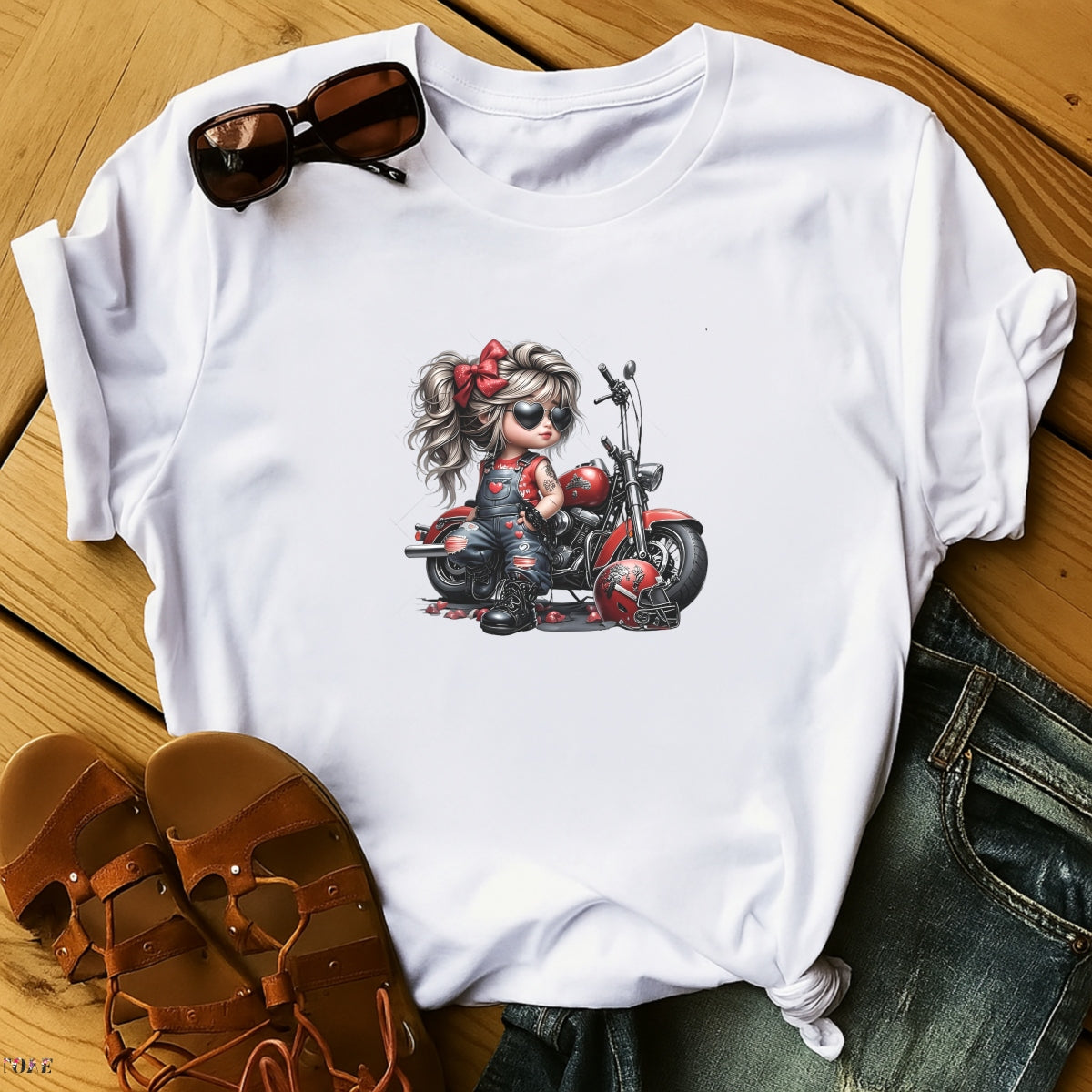 DTF Heat Transfer Iron On Sticker, Cool Biker Style Little Biker with Heart Sunglasses and Red Denim Overalls, Decal for Clothing, Tote Bags