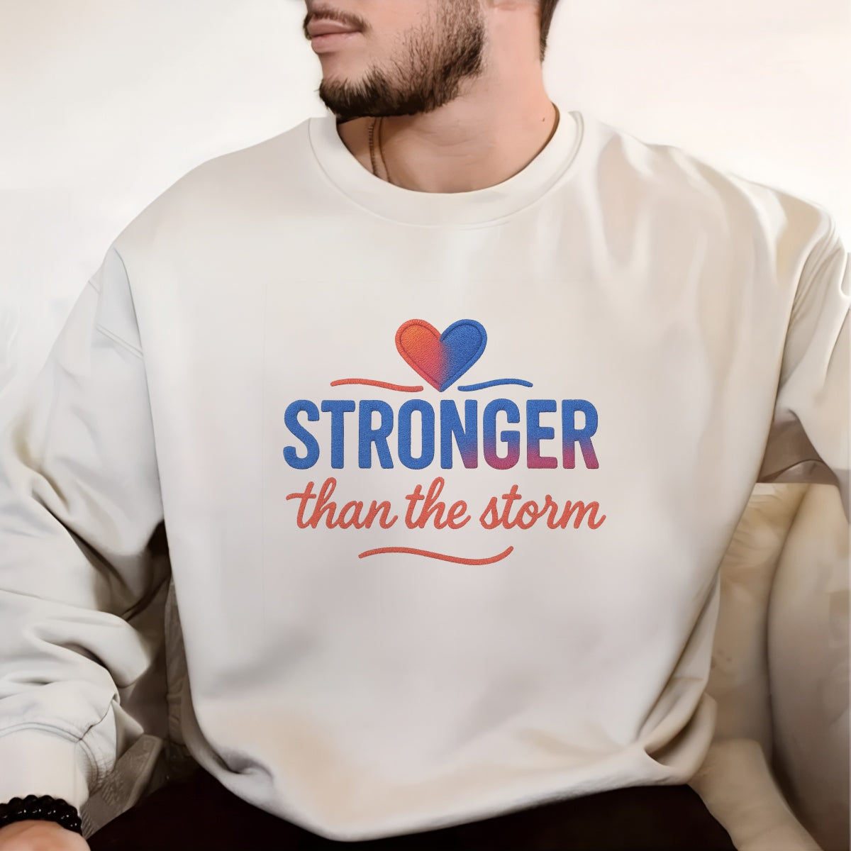 DTF Heat Transfer Iron On Sticker , Gradient Heart with "STRONGER than the Storm" Motivational Quote , Resilience-Themed Apparel Decal for T-Shirts, Hoodies