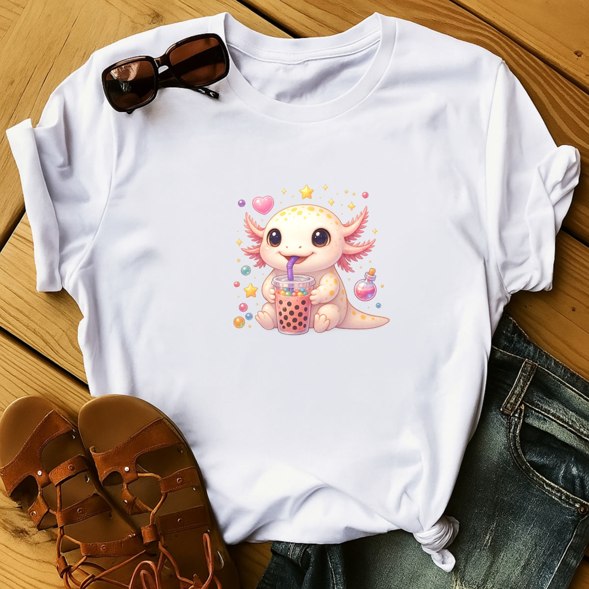 Cute Axolotl Boba Tea DTF Transfer, Kawaii Bubble Tea Iron-On Patch for T-Shirts, Hoodies, Totes,Heat Press Vinyl for DIY Clothing | Anime Style Animal Sticker Decal