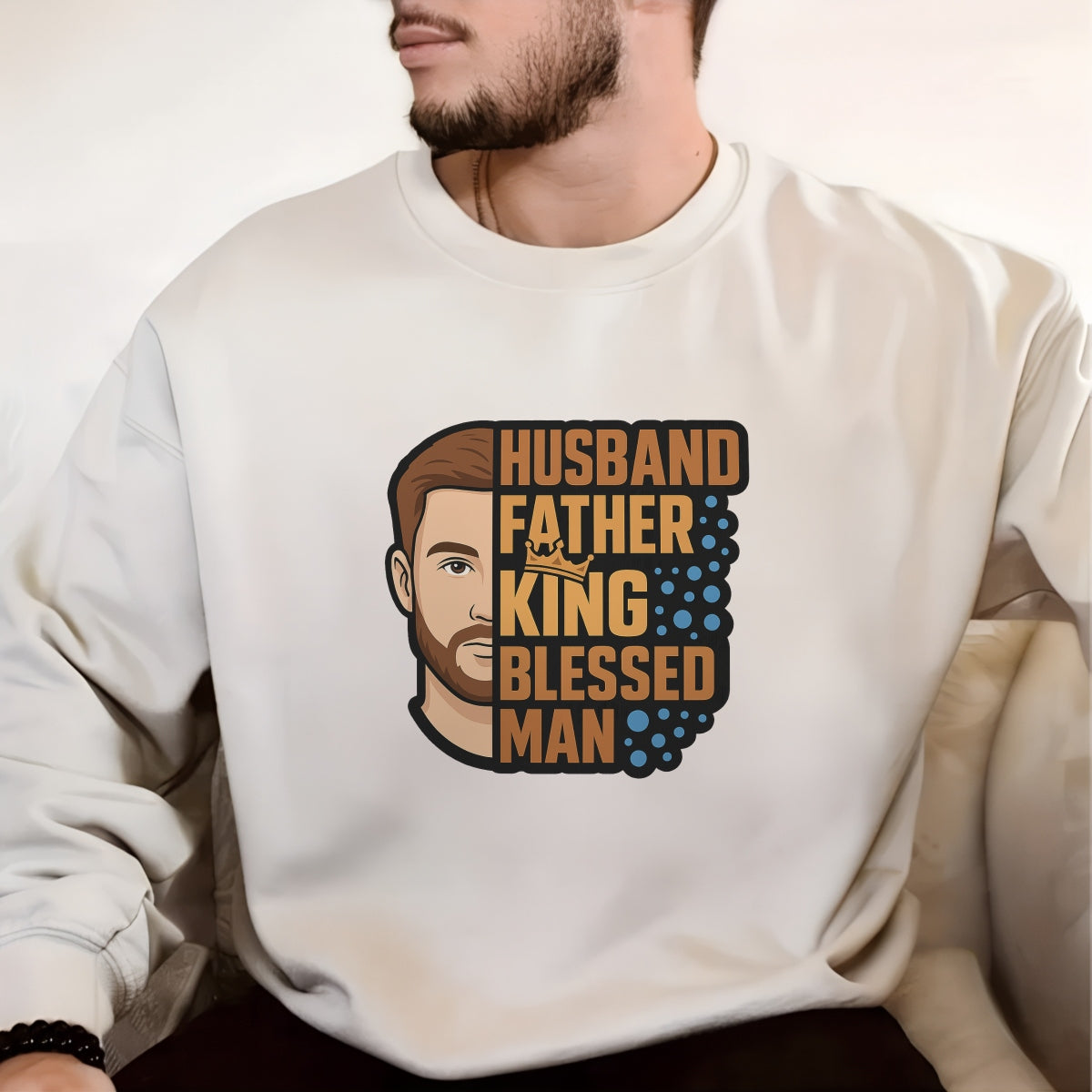 DTF Heat Transfer Iron On Sticker , Husband Father King Blessed Man Design , Family Pride Art and Apparel Decal for T-Shirts, Hoodies, Tote Bags