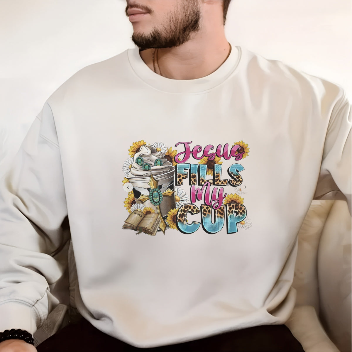 DTF Heat Transfer Iron On Sticker , Floral Bible Cross with "Jesus FILLS My CUP" Verse , Christian Faith Decor Sticker for Clothing, Tote Bags