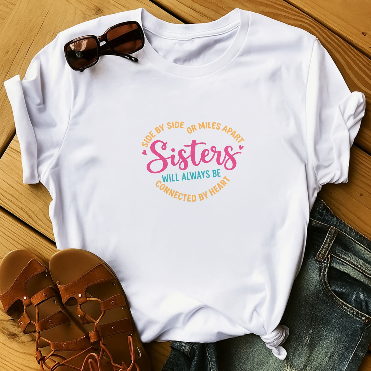 Sisters DTF Transfer for T-Shirts , Side by Side or Miles Apart Quote , Heat Press Iron-On Patch,  DIY Matching Gifts for all