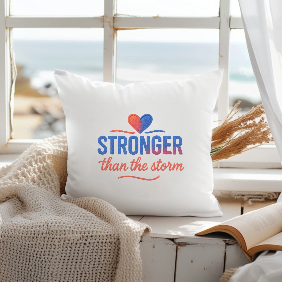 DTF Heat Transfer Iron On Sticker , Gradient Heart with "STRONGER than the Storm" Motivational Quote , Resilience-Themed Apparel Decal for T-Shirts, Hoodies