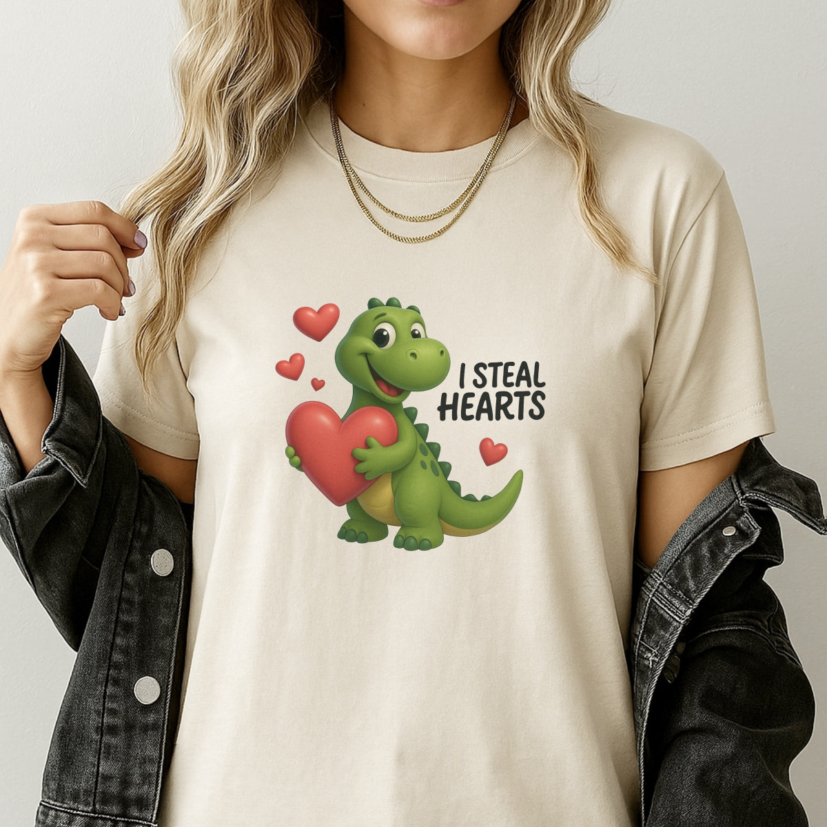 Cute Dinosaur Heat Transfer Patch ,  Steal Hearts Iron-On Decal for T-Shirts, Bags, Funny Valentine DIY Design